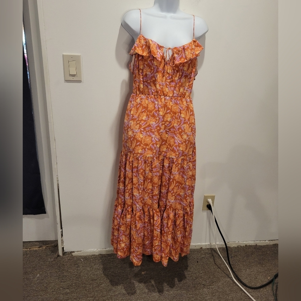 J Crew Size S Orange Floral Tiered Maxi Dress W/pockets